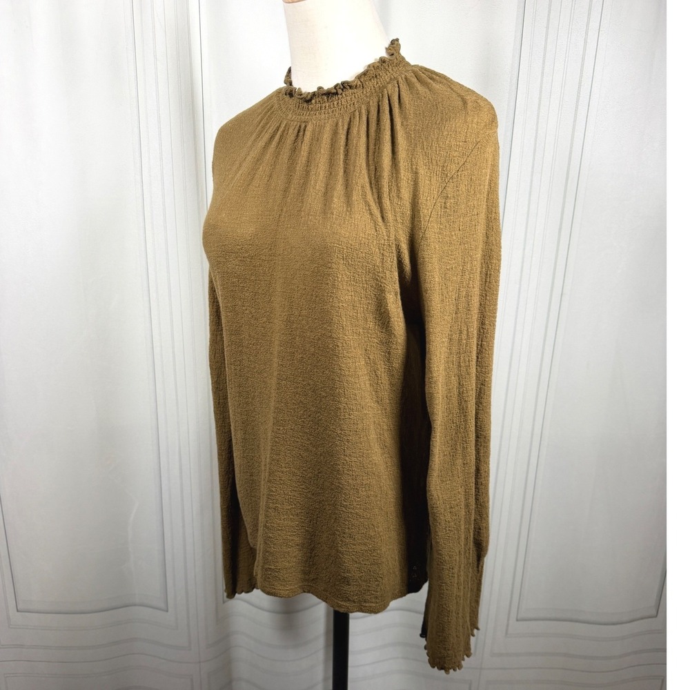 Madewell Texture & Thread Ruffled/Smocked Mockneck Top Asparagus Olive Brown S